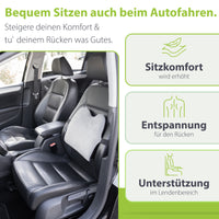 Auto-Innenraum mit einem ergonomischen Rückenkissen von feela auf dem Fahrersitz, illustriert mit Vorteilen wie erhöhtem Sitzkomfort, Entspannung für den Rücken und Lendenbereich-Unterstützung.