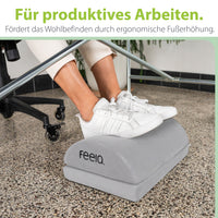 Graue Fußstütze mit Polsteroberfläche und sichtbarem Logo feeia, Nahansicht