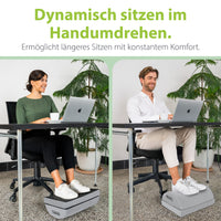 Ergonomische Fußstütze mit Wärmetasche, graues Trittpolster unter stehenden Schuhen