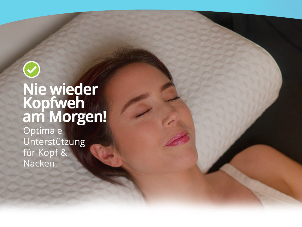 Frau schläft entspannt auf dem orthopädischen Kopfkissen von feela. – optimale Unterstützung für Kopf und Nacken