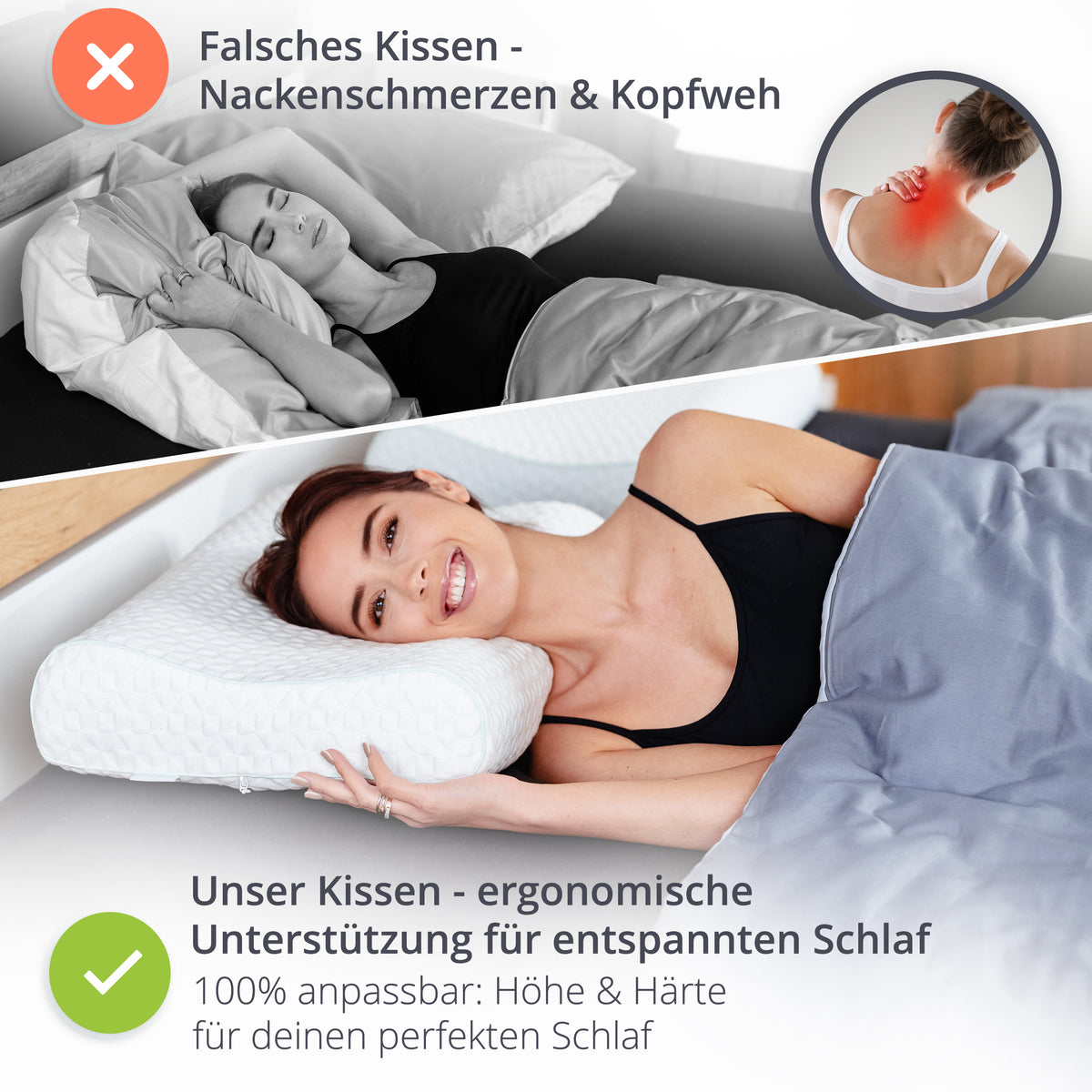 Vergleich: Nackenschmerzen vs. entspannter Schlaf mit dem ergonomisch anpassbaren feela. Kopfkissen.