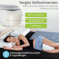 Weißes Kniekissen zwischen Knien in Seitenlage, gepolstert mit Memory-Schaum