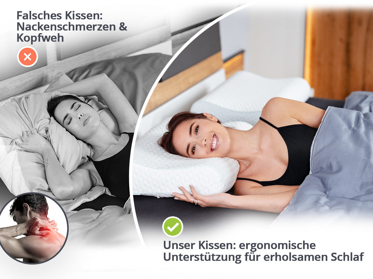 Vergleich: falsches Kissen mit Nackenschmerzen und das orthopädische Kopfkissen von feela. mit ergonomischer Unterstützung
