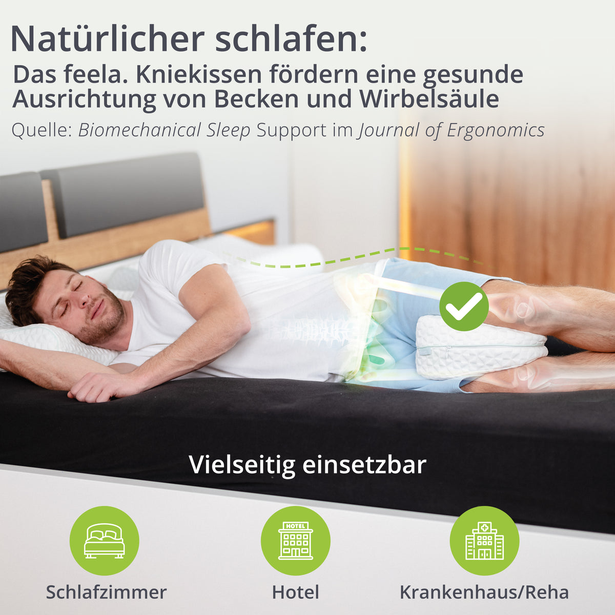Weißes Kniekissen als Auflage unter dem Knie, für seitliche Schlafposition