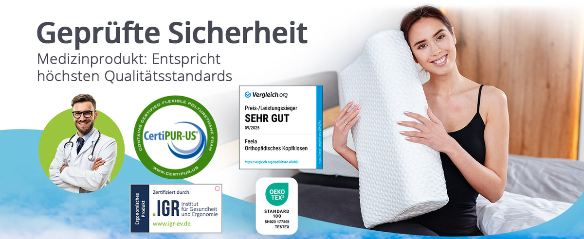 Frau hält das orthopädische Kopfkissen von feela. – Medizinprodukt, CertiPUR-US, OEKO-TEX, IGR-zertifiziert