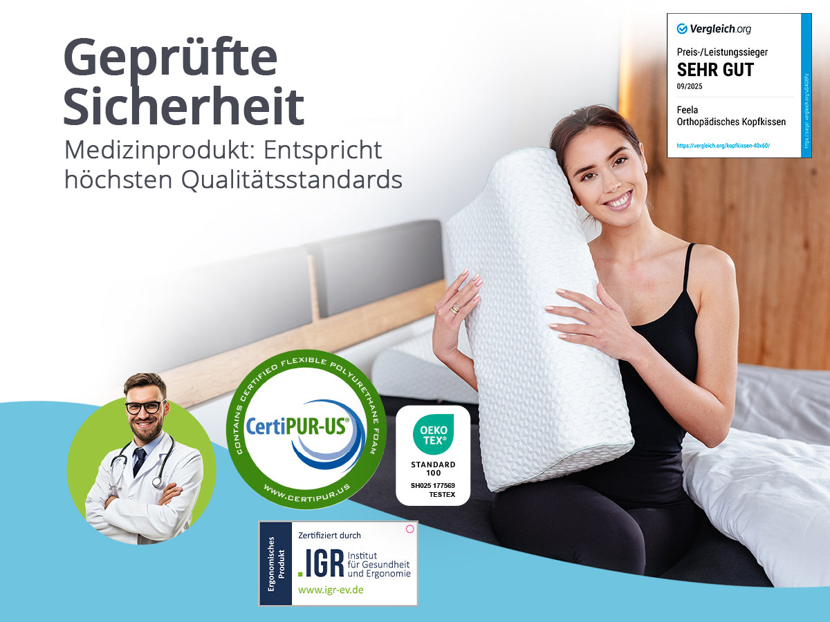 Frau hält das orthopädische Kopfkissen von feela. – Medizinprodukt, CertiPUR-US, OEKO-TEX, IGR-zertifiziert