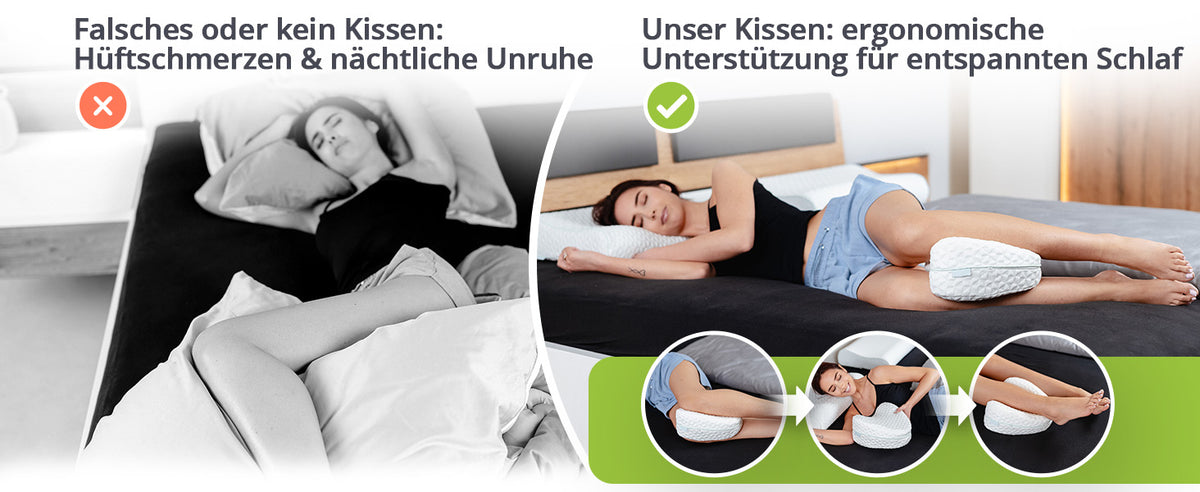 Vergleich: Schlafen ohne Kniekissen mit Hüftschmerzen und mit dem feela. Kniekissen entspannt
