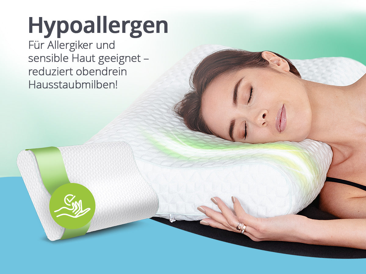 Frau schläft auf dem orthopädischen Kopfkissen von feela. – hypoallergen, für Allergiker und empfindliche Haut
