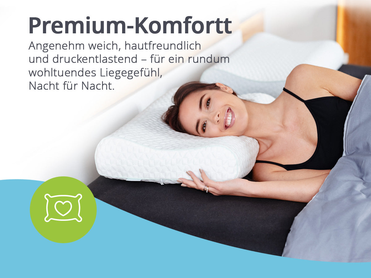 Frau liegt auf dem orthopädischen Kopfkissen von feela. – angenehm weich und druckentlastend