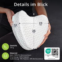 Herzförmiges weißes Kniekissen mit Maßen 14/23/26 cm, 330 g, Memory-Schaum
