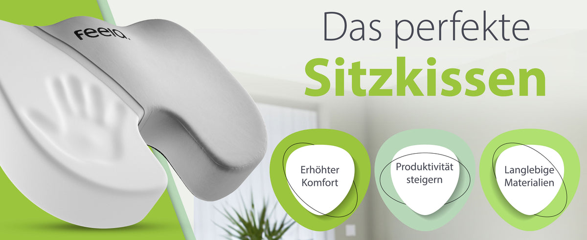 Werbung für das perfekte Sitzkissen von feela. Das Bild zeigt ein silbernes orthopädisches Sitzkissen mit den Vorteilen erhöhter Komfort, Steigerung der Produktivität und langlebige Materialien auf grünem Hintergrund.