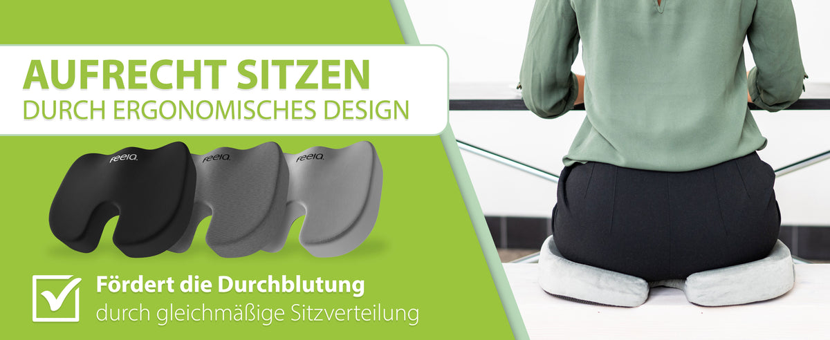 Förderung der Durchblutung durch ergonomisches Design. Bild von drei orthopädischen Sitzkissen in schwarz, silber und grau auf grünem Hintergrund.