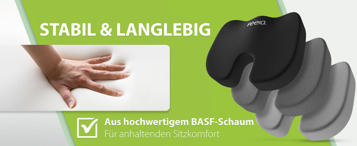 Stabiles und langlebiges orthopädisches Sitzkissen von feela aus hochwertigem BASF-Schaum. Bild zeigt das Kissen in drei Härtegraden.