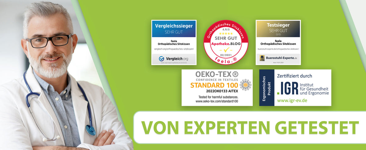 feela orthopädisches Sitzkissen: Von Experten getestet. Arzt zeigt Testsieger-Siegel, OEKO-TEX und IGR-Zertifikate.