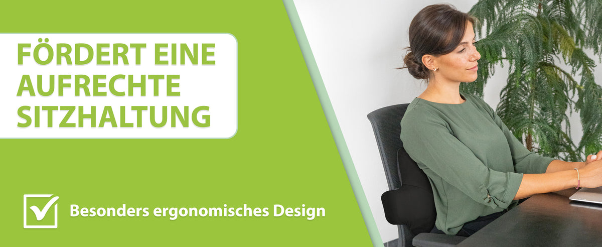 Ergonomisches Rückenkissen in Schwarz von 'feela', verbessert die Sitzhaltung und beugt Rückenschmerzen vor.