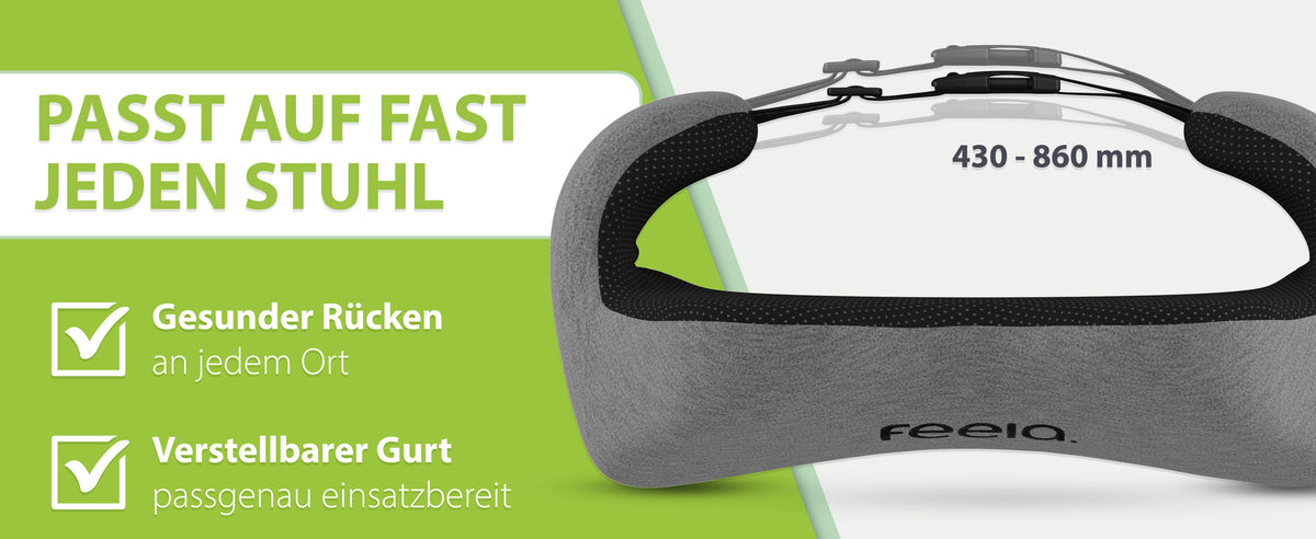 Das feela Rückenkissen in Dunkelgrau, das auf fast jeden Stuhl passt. Gesunder Rücken an jedem Ort, verstellbarer Gurt passgenau einsatzbereit, Maße 430 - 860 mm.