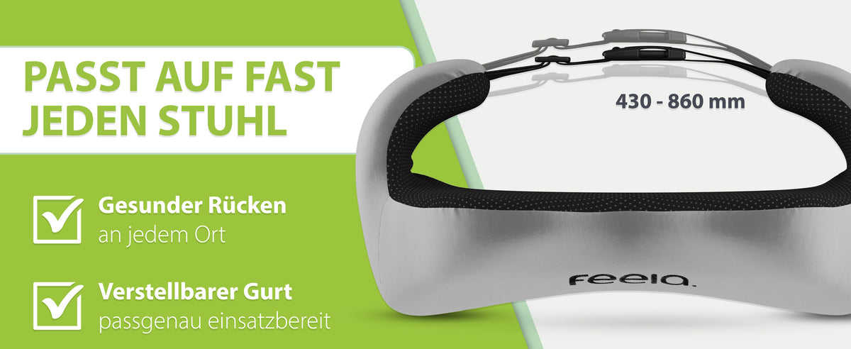 Das feela Rückenkissen in Silber, das auf fast jeden Stuhl passt. Gesunder Rücken an jedem Ort, verstellbarer Gurt passgenau einsatzbereit, Maße 430 - 860 mm.