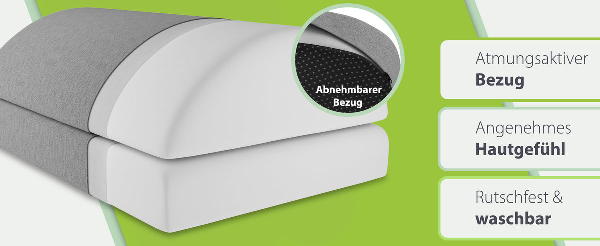Abnehmbarer, atmungsaktiver Bezug einer dunkelgrauen ergonomischen Fußstütze von feela, hervorgehoben durch das Feature des angenehmen Hautgefühls und der Waschbarkeit, mit Detailansicht des Reißverschlusses.