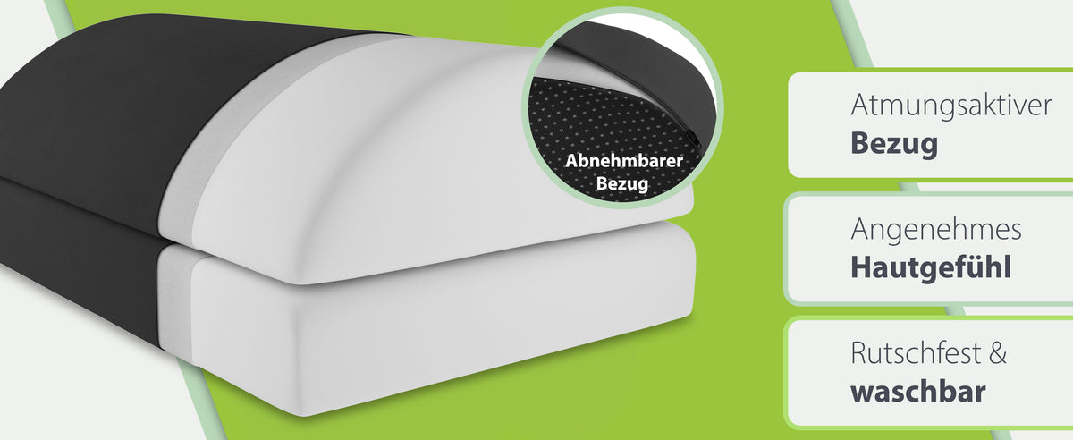 Abnehmbarer, atmungsaktiver Bezug einer schwarzen ergonomischen Fußstütze von feela, hervorgehoben durch das Feature des angenehmen Hautgefühls und der Waschbarkeit, mit Detailansicht des Reißverschlusses.