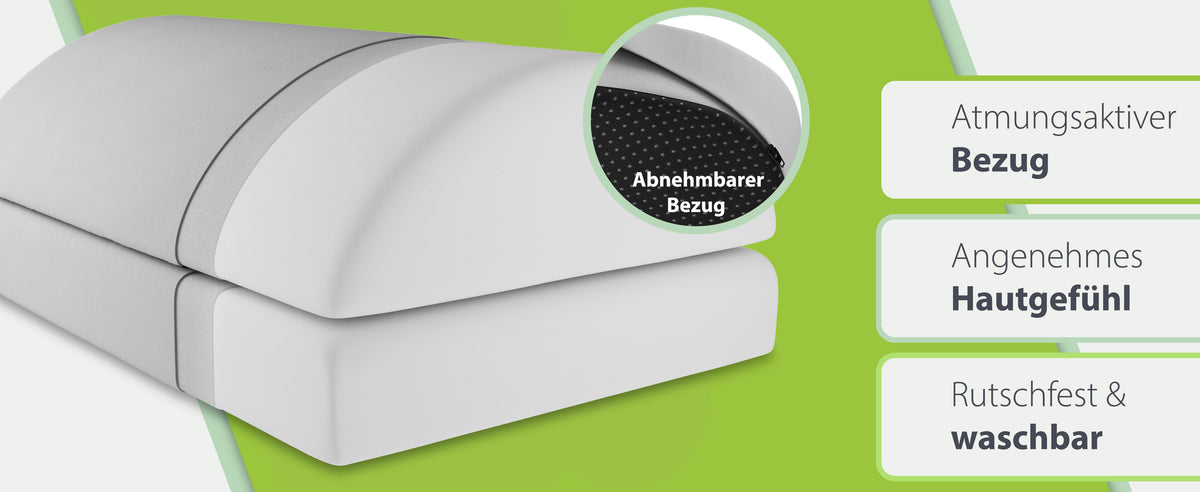 Abnehmbarer, atmungsaktiver Bezug einer silbernen ergonomischen Fußstütze von feela, hervorgehoben durch das Feature des angenehmen Hautgefühls und der Waschbarkeit, mit Detailansicht des Reißverschlusses.