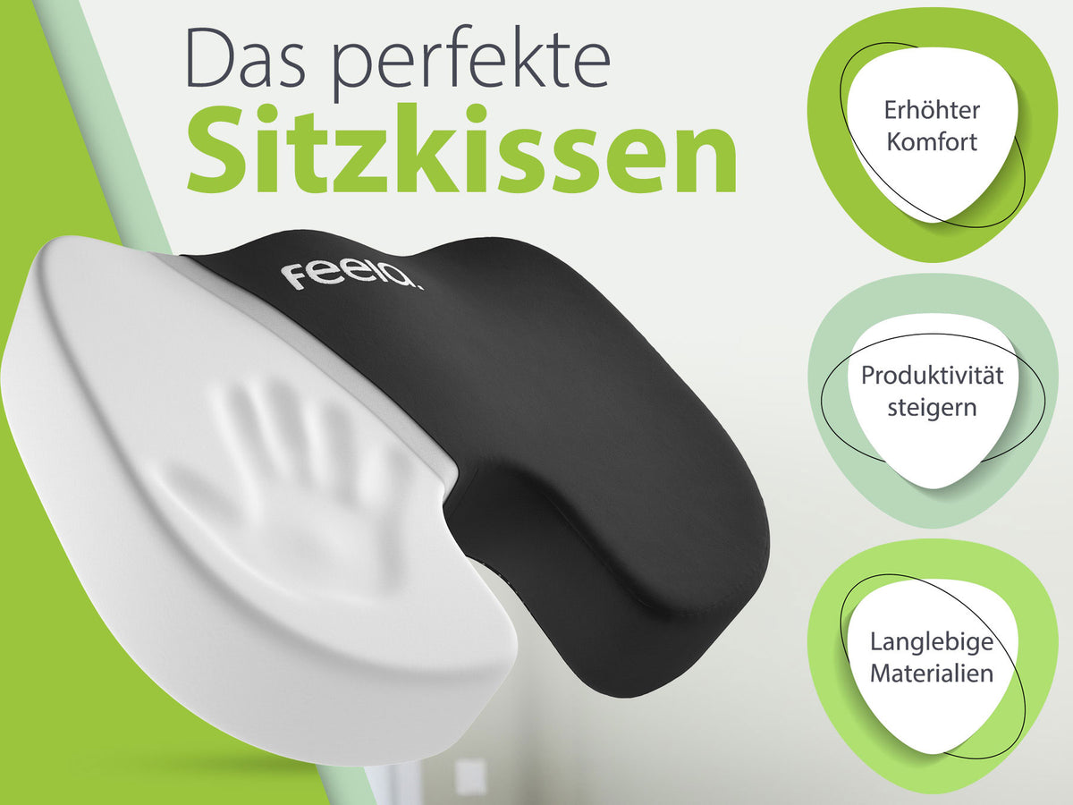 Das orthopädische Sitzkissen von feela in Schwarz, präsentiert als das perfekte Sitzkissen, das erhöhten Komfort und Produktivität fördert, sowie aus langlebigen Materialien besteht.