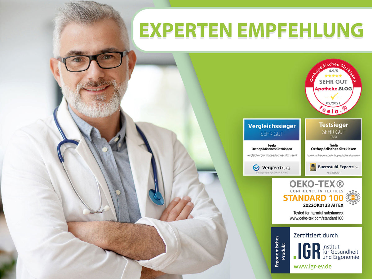 Expertenempfehlung für das orthopädische Sitzkissen, abgebildet mit einem lächelnden Arzt und Bewertungen sowie Zertifizierungen, die die Qualität und Ergonomie des Produkts bestätigen.