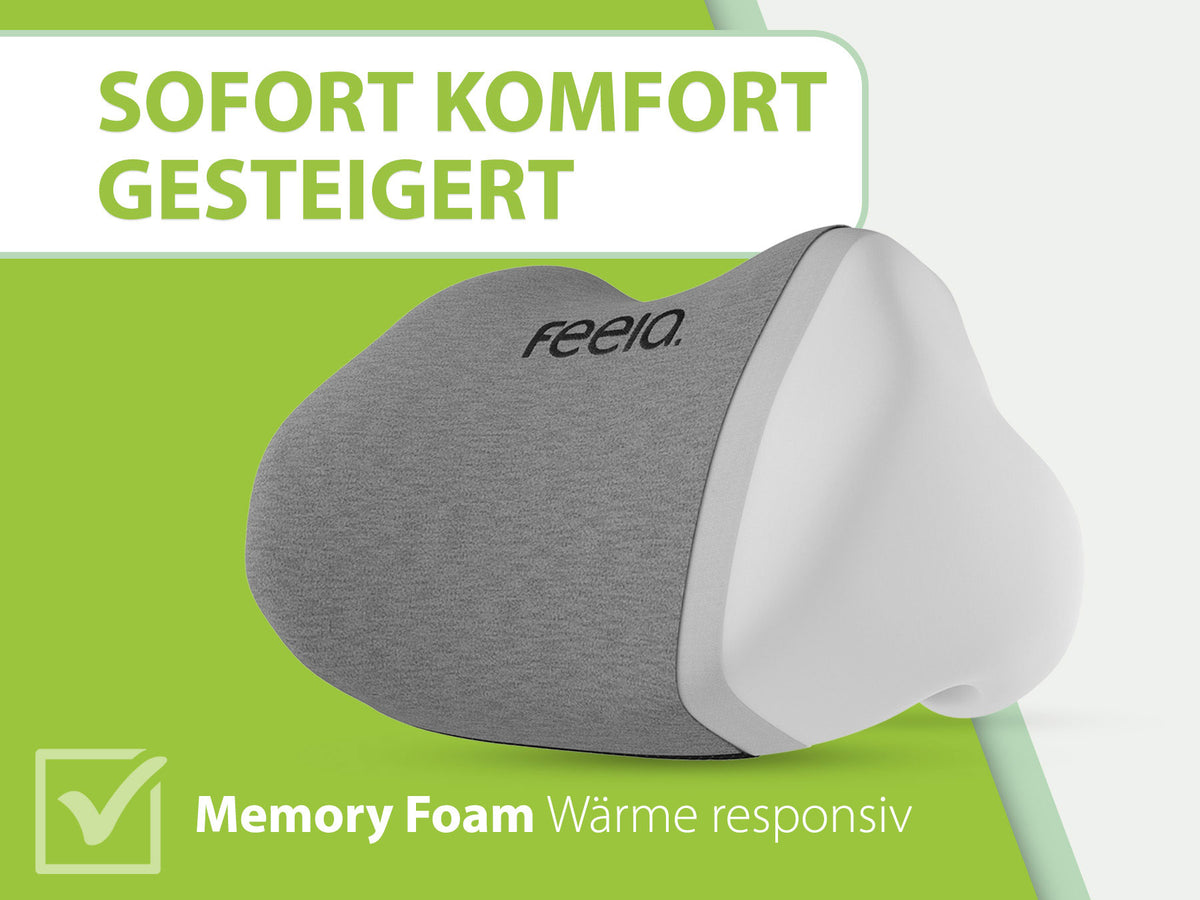 Dunkelgraues ergonomisches Rückenkissen von Feela mit besonderem Komfort-Feature. Ideal für erhöhten Sitzkomfort und verbesserte Rückengesundheit.