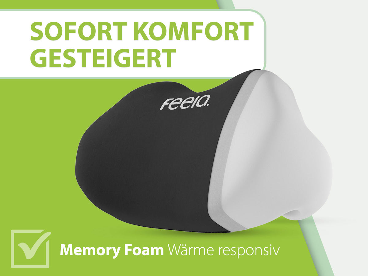Schwarzes ergonomisches Rückenkissen von Feela, designet für maximalen Komfort und Langlebigkeit. Perfekt für lange Stunden am Schreibtisch.