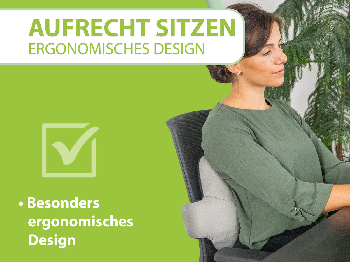 Silberfarbenes ergonomisches Rückenkissen von Feela, mit einem Design, das eine gesunde Wirbelsäulenhaltung unterstützt und Komfort bietet.