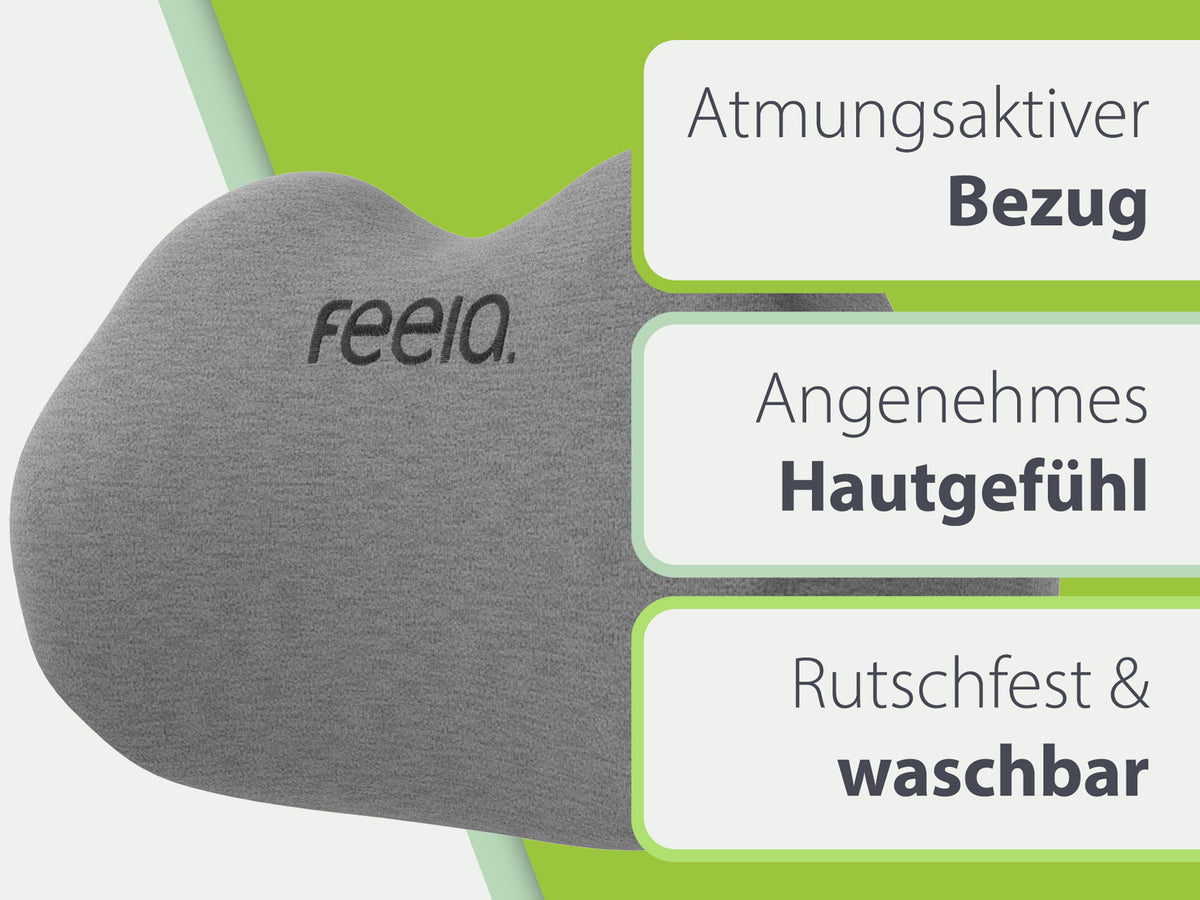 Graues Rückenkissen von Feela mit atmungsaktivem Bezug, das ein angenehmes Hautgefühl bietet und rutschfest sowie waschbar ist.