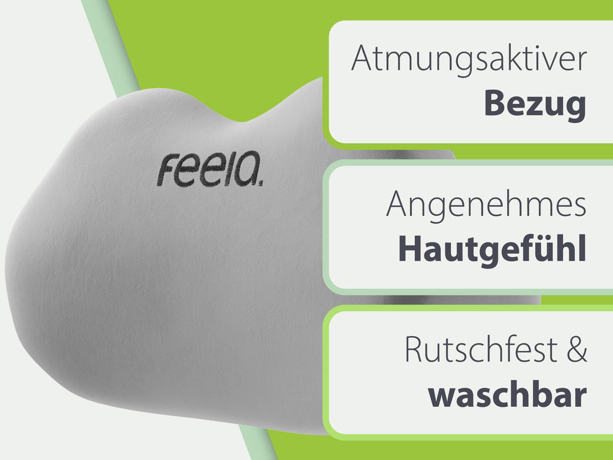 Silbernes Rückenkissen von Feela, hervorgehoben durch seinen atmungsaktiven Bezug, der ein angenehmes Hautgefühl bietet und rutschfest sowie waschbar ist.