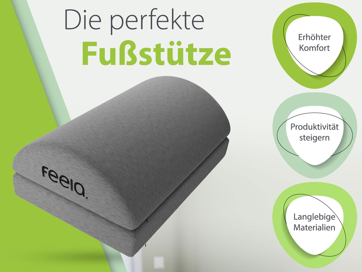 Dunkelgraue ergonomische Fußstütze von feela, präsentiert auf hellem Hintergrund mit Fokus auf Komfort