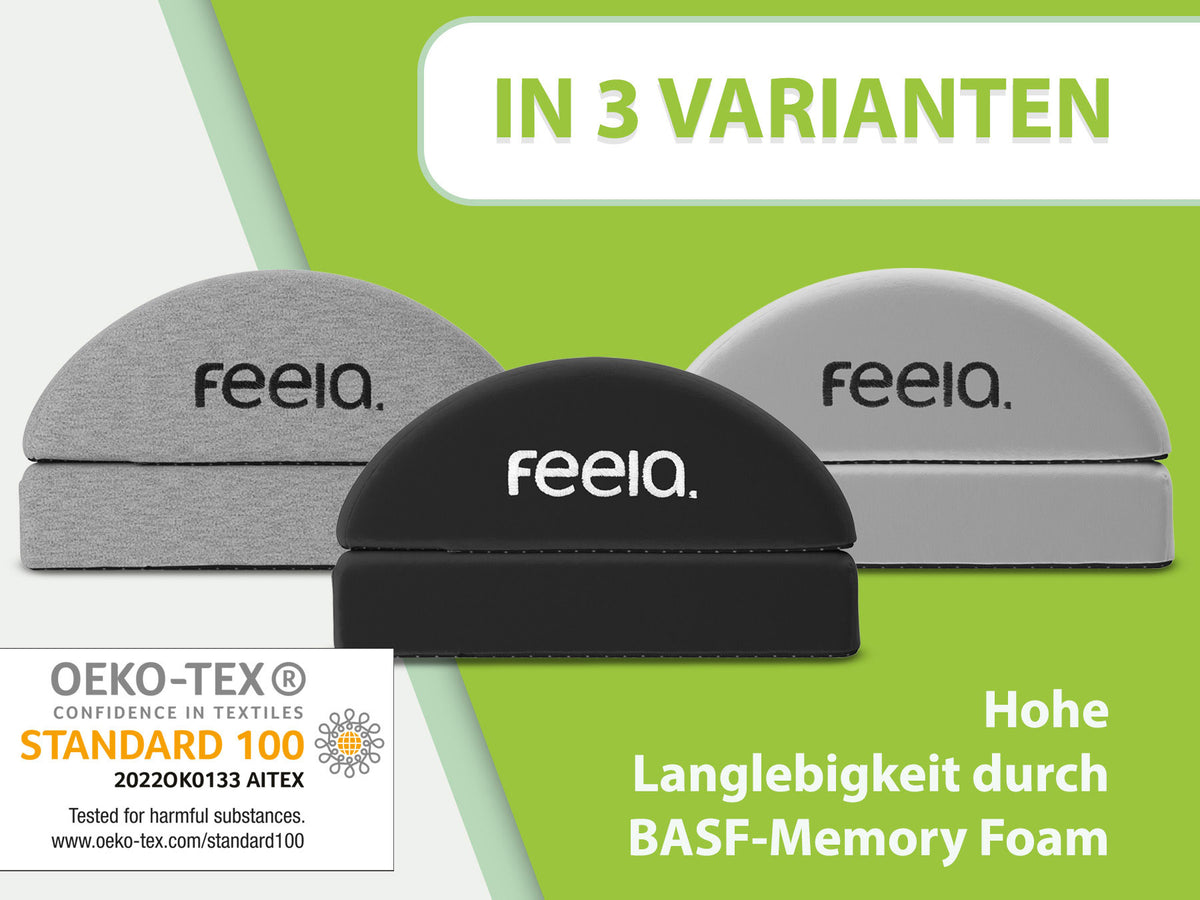 Ergonomische Fußstützen von Feela in drei Varianten: Dunkelgrau, Schwarz und Silber, hohe Langlebigkeit durch BASF-Memory Foam, zertifiziert durch OEKO-TEX für Schadstofffreiheit.