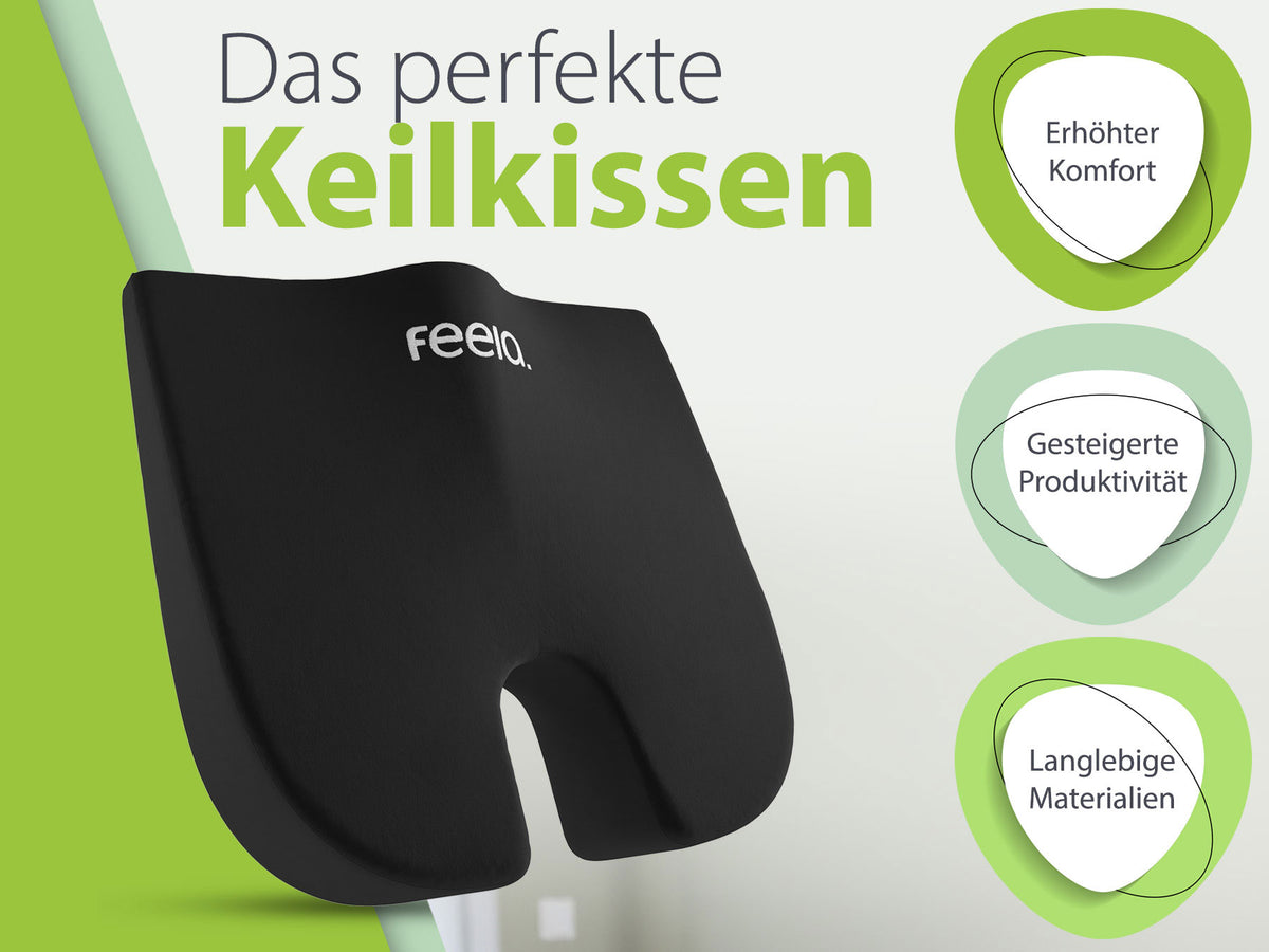 Schwarzes orthopädisches Keilkissen von feela®, bietet gesteigerten Komfort und ist für eine verbesserte Haltung empfohlen, aus hochwertigen, langlebigen Materialien.