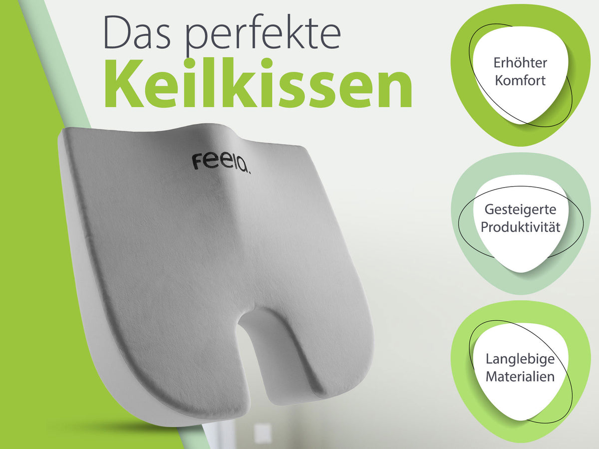 Orthopädisches Keilkissen in Silber von feela®, ergonomisch gestaltet zur Förderung der Durchblutung und Unterstützung einer aufrechten Sitzhaltung, aus dauerhaften Stoffen.