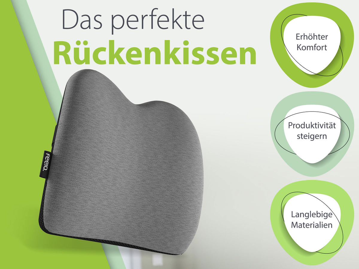 Werbegrafik zeigt das perfekte Rückenkissen von feela in Dunkelgrau, betont wird der erhöhte Komfort, die Steigerung der Produktivität und die Verwendung langlebiger Materialien. Drei zirkuläre Icons mit Text unterstreichen die Vorteile.