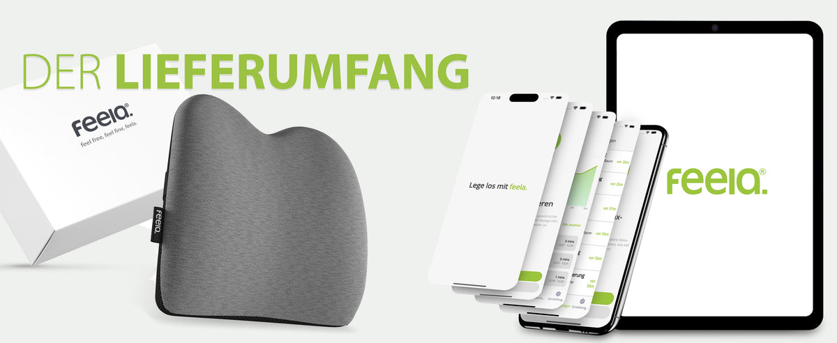 Auto-Rückenkissen von feela, das ergonomisches Design für Komfort während der Fahrt bietet, abgebildet neben der Produktverpackung und der Smartphone-App auf mehreren Geräten.