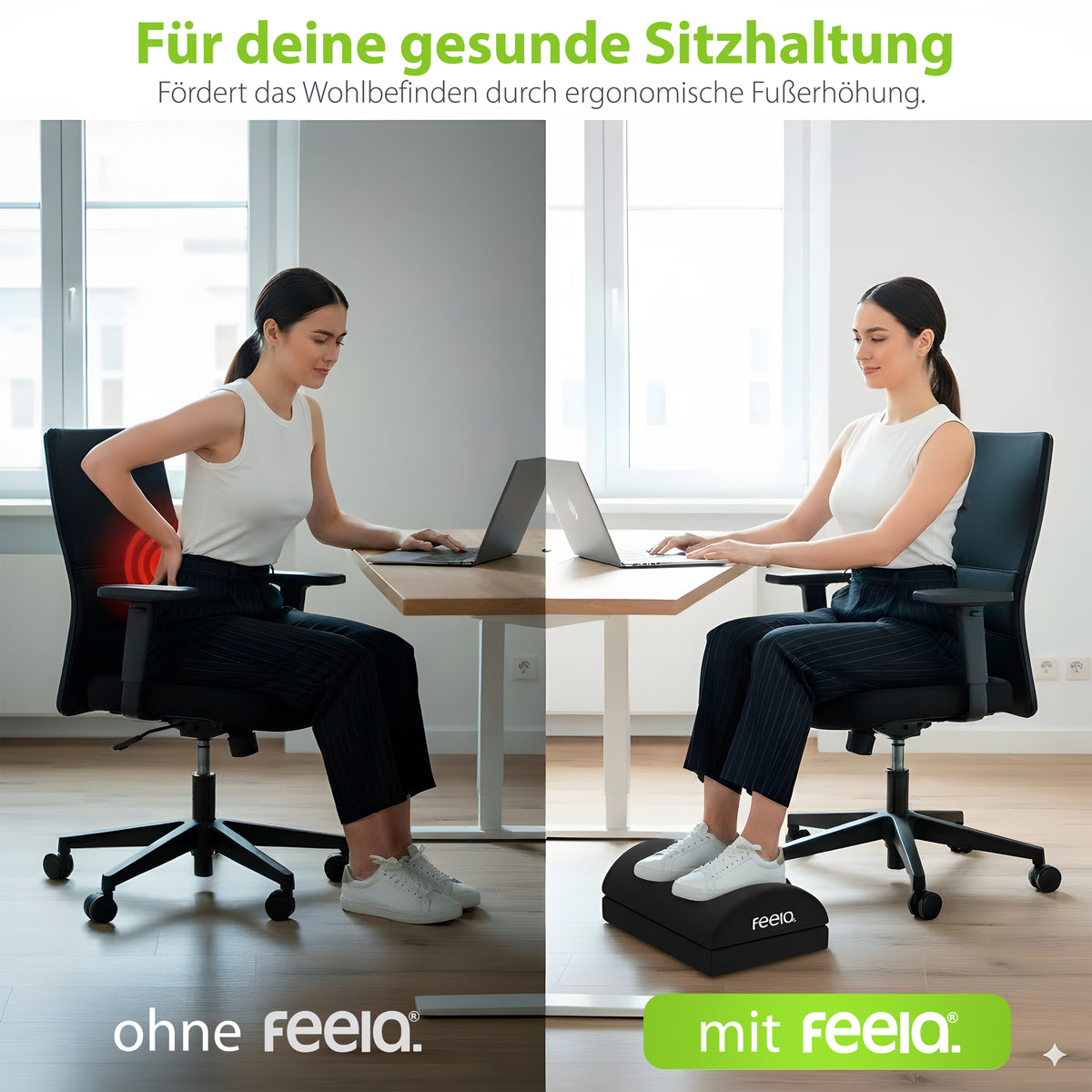 feela. Fußstütze Schwarz Vorher-Nachher: Ergonomische Fußerhöhung für gesunde Sitzhaltung & Rückenentlastung im Büro.