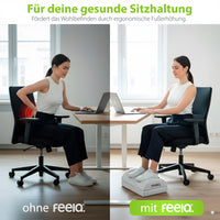 feela. Fußstütze Silber Vorher-Nachher: Ergonomische Fußerhöhung für gesunde Sitzhaltung & Rückenentlastung im Büro.
