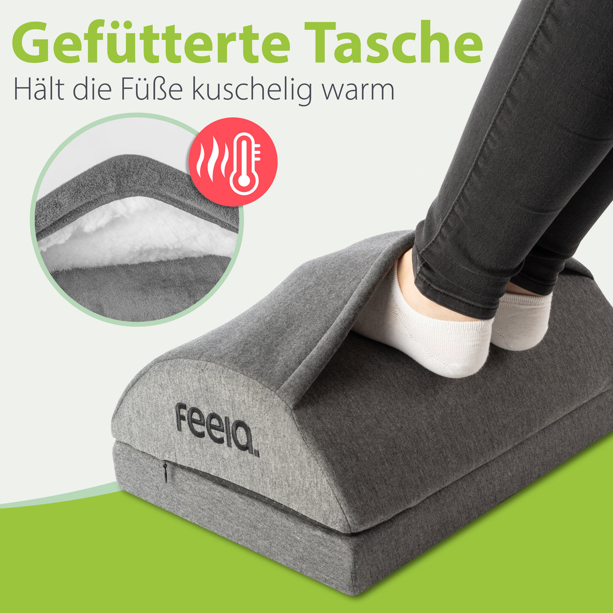 Gepolsterte Fußwärmetasche mit feea-Logo, Innenfutter im Kreis sichtbar.