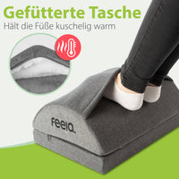 Gepolsterte Fußwärmetasche mit feea-Logo, Innenfutter im Kreis sichtbar.