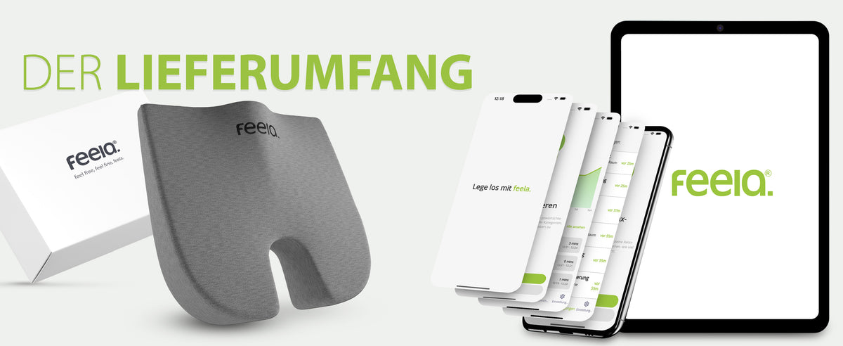 Die Darstellung des Lieferumfangs für das orthopädische Keilkissen von feela, einschließlich des Kissens selbst, der Verpackung und der mobilen App auf mehreren Displays, um die volle Palette der Kundenunterstützung zu veranschaulichen.