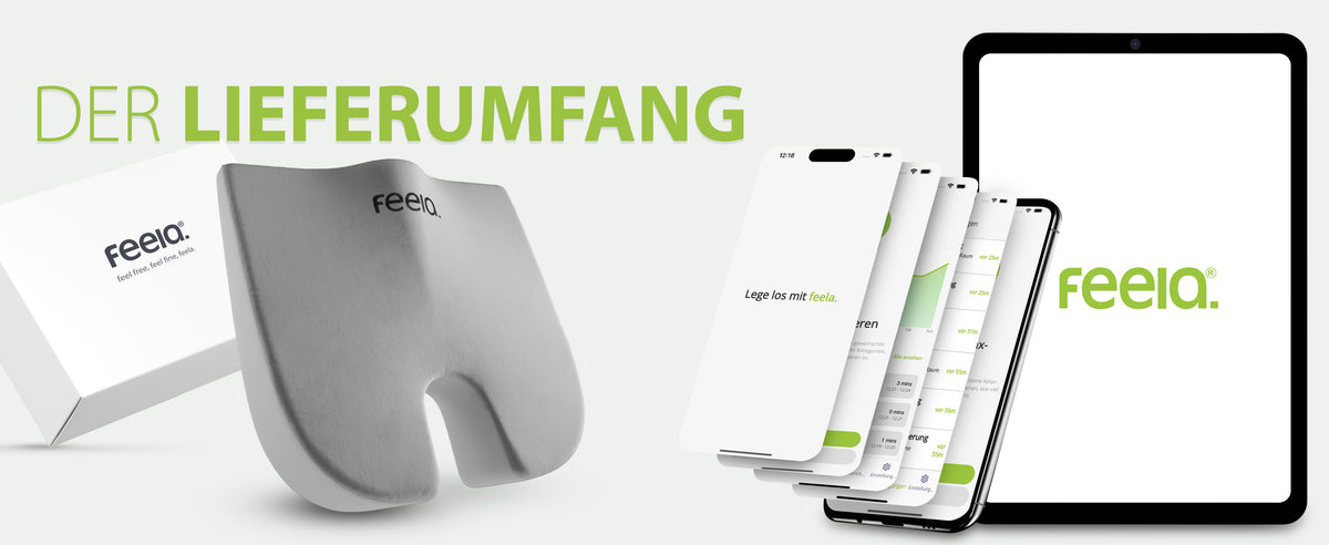 Die Darstellung des Lieferumfangs für das orthopädische Keilkissen von feela, einschließlich des Kissens selbst, der Verpackung und der mobilen App auf mehreren Displays, um die volle Palette der Kundenunterstützung zu veranschaulichen.