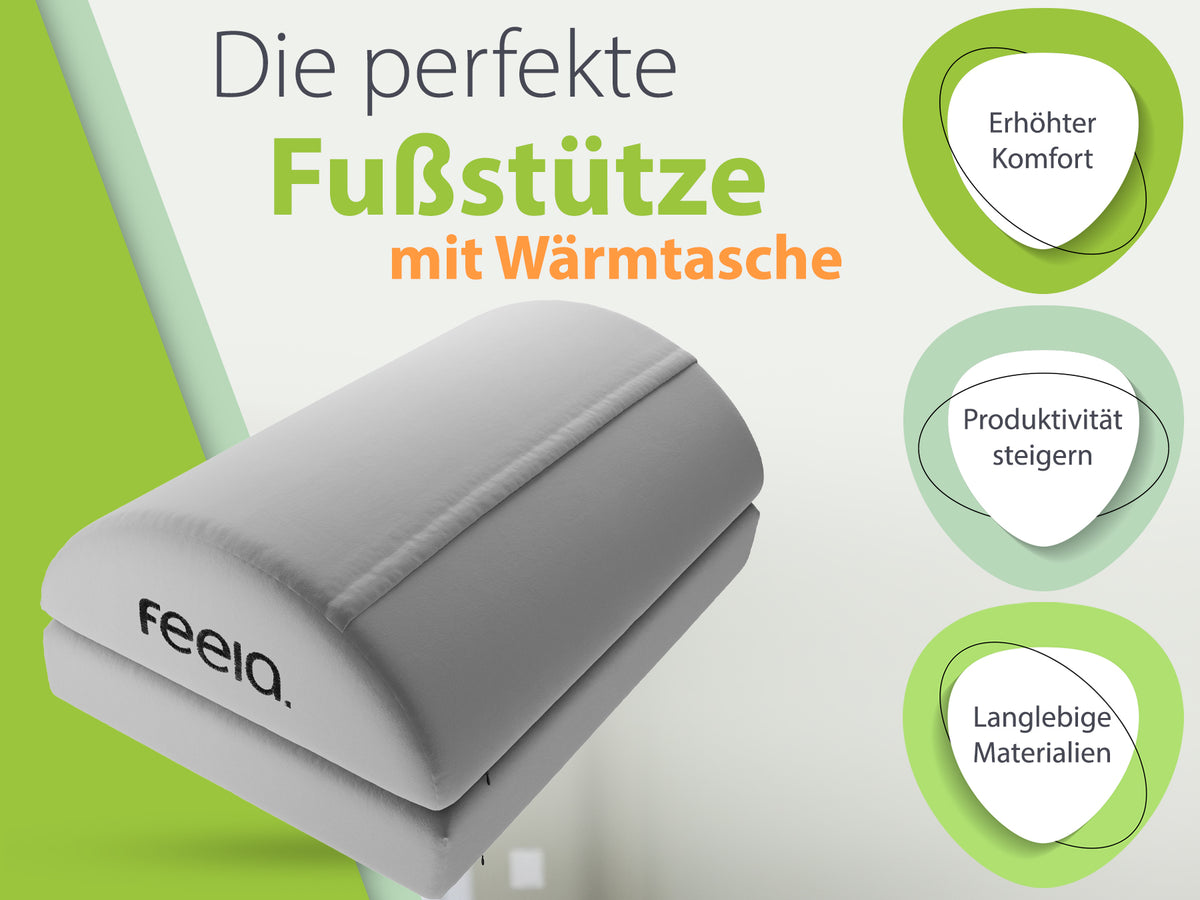 feela. Fußstütze mit Wärmetasche in Silber – erhöhter Komfort, mehr Produktivität, langlebige Materialien