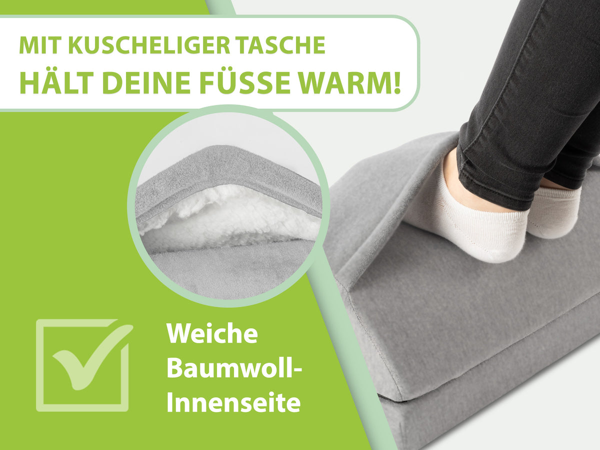 feela. Fußstütze mit Wärmetasche in Silber – kuschelige Tasche mit weicher Baumwoll-Innenseite hält die Füße warm