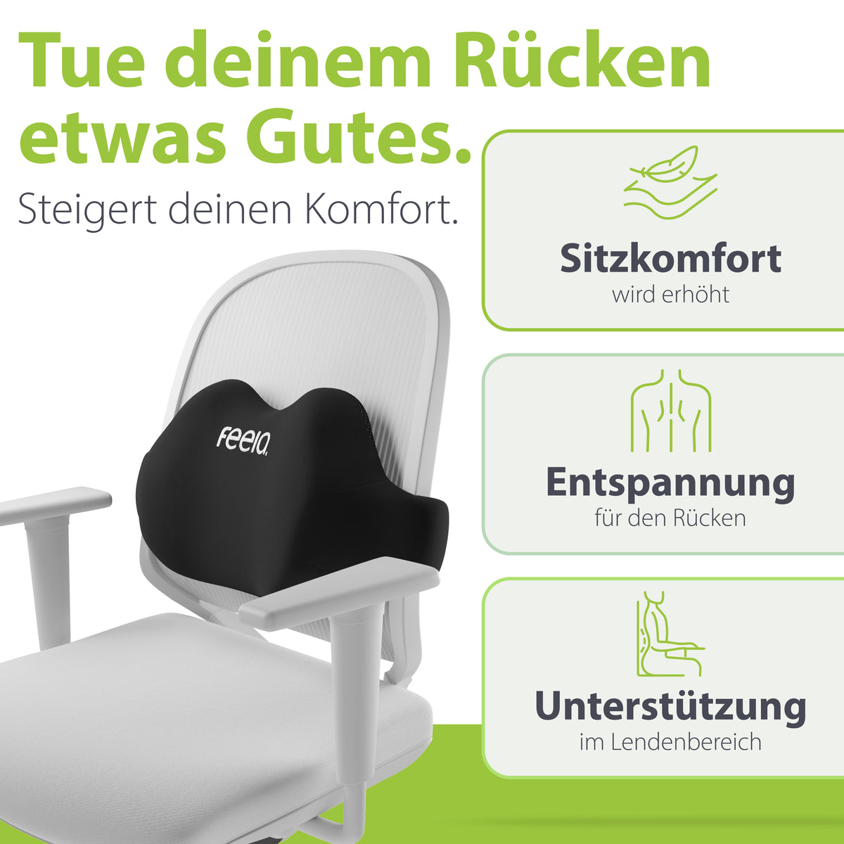 Rückenkissen – Sitzkomfort wird erhöht, Entspannung für den Rücken, Unterstützung im Lendenbereich (Schwarz)