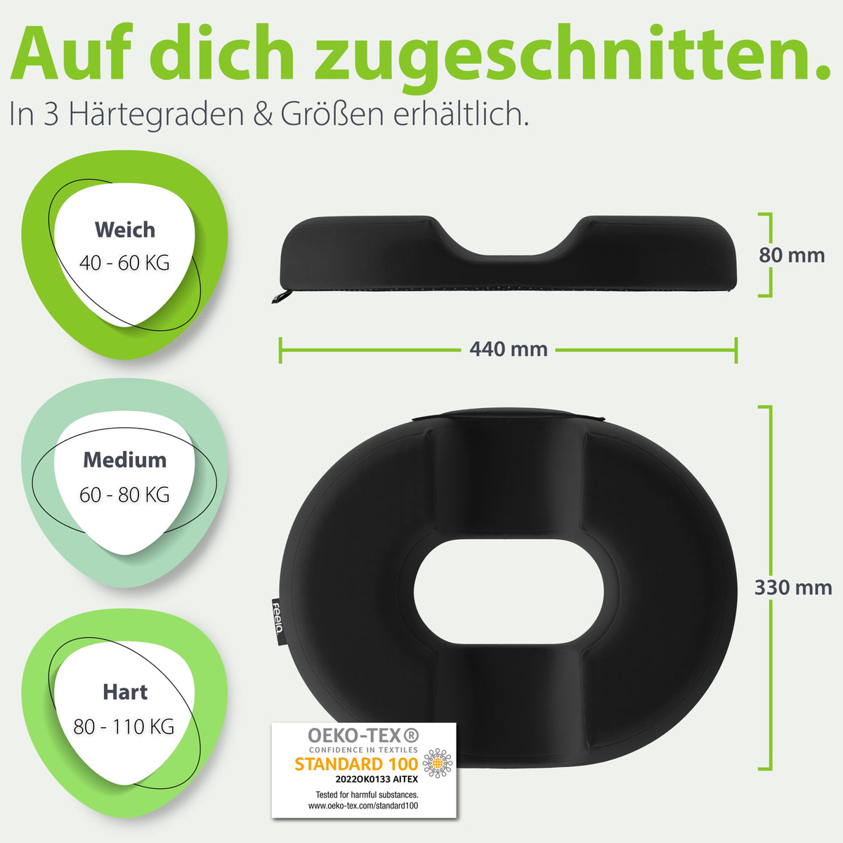 feela. Sitzring Schwarz – Vergleich der 3 Härtegrade (weich, mittel, fest)