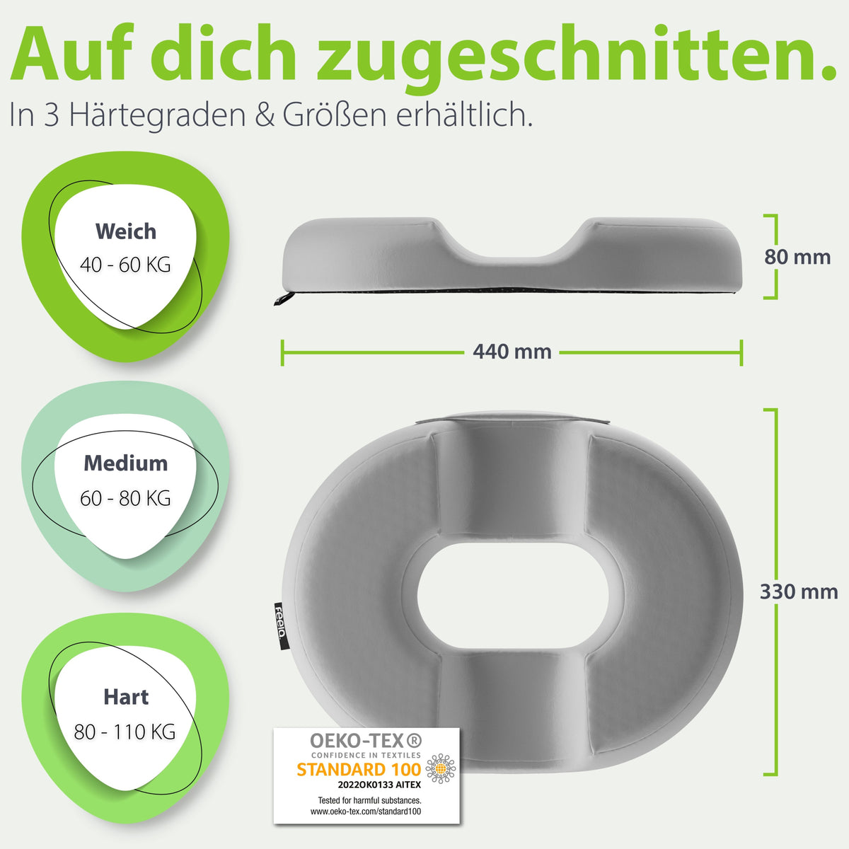 feela. Sitzring Silber – Vergleich der 3 Härtegrade (weich, mittel, fest)