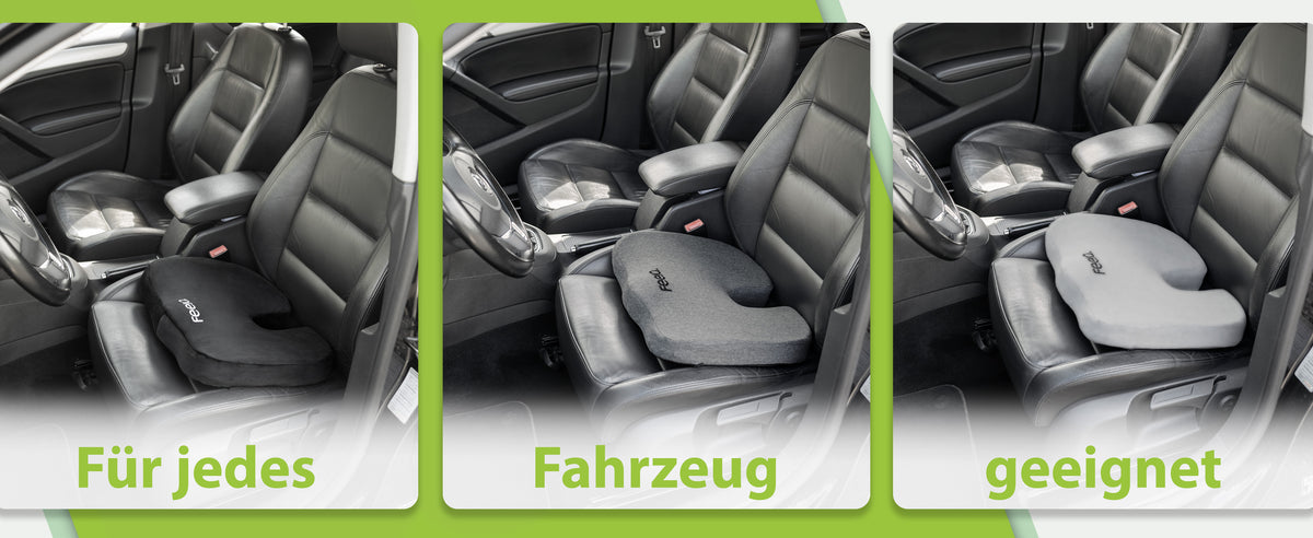 Drei Ansichten eines Auto-Innenraums, der das orthopädische Auto-Sitzkissen von feela auf dem Fahrersitz zeigt, um zu demonstrieren, dass es 'Für jedes Fahrzeug geeignet' ist, mit Schwerpunkt auf universeller Passform und Eignung.