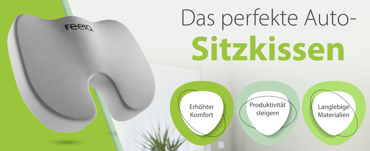 Das perfekte Auto-Sitzkissen von feela, abgebildet in Silber, das 'Erhöhten Komfort' bietet, die 'Produktivität steigert' und aus 'Langlebigen Materialien' hergestellt ist, ideal für längere Autofahrten.